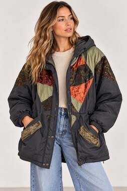 Vintage Atlantic Highlands Black & Green 1990s Parka Coat Womens M Patchwork